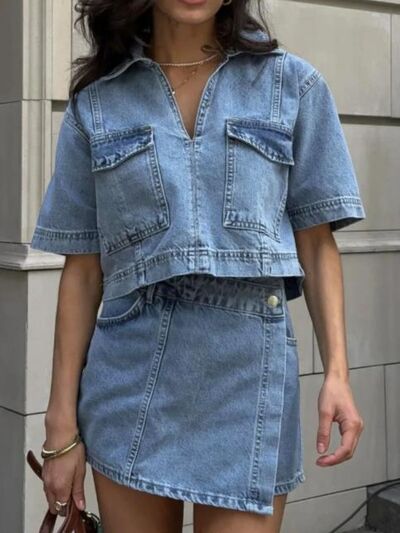 Johnny Collar Short Sleeve Top and Skort Denim Set