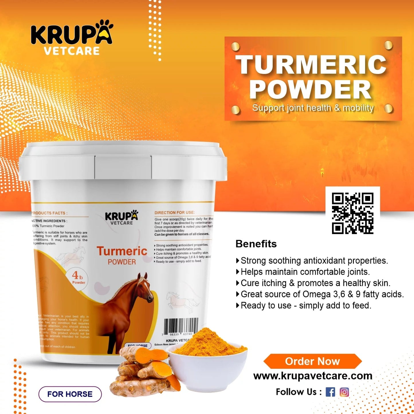 Natural Turmeric Powder for Horses with Powdered Coconut Oil - Turmericle Anti-Inflamatory Horse Supplement for Healthy Hip & Joint Function - Normal Skin Health