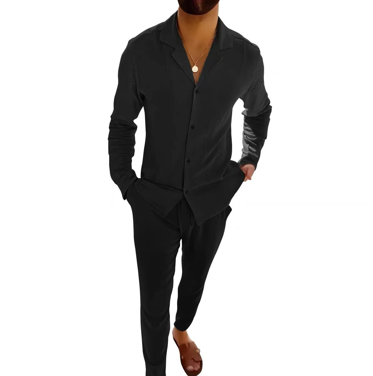 Men's Cotton Long Sleeve Lapel Shirt & Slim Fit Pants Set
