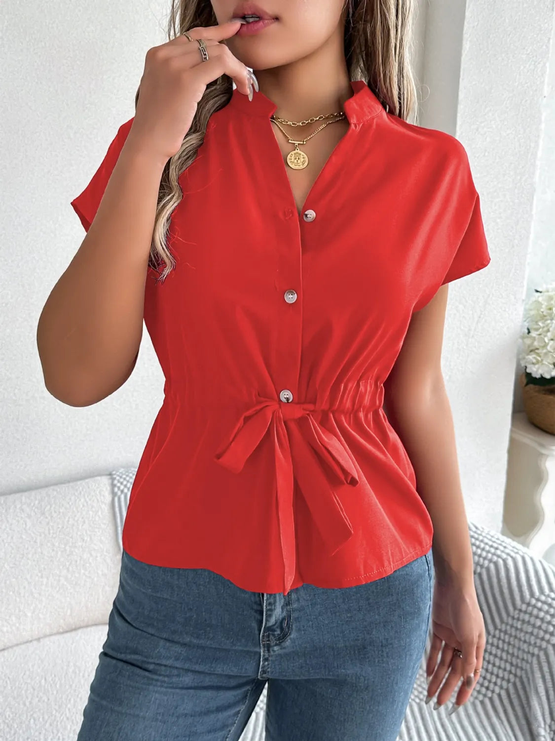 Notched Short Sleeve Blouse