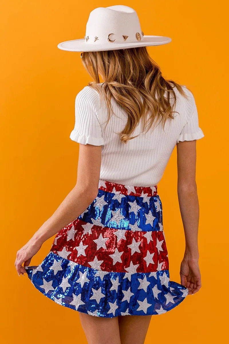 BiBi American Flag Theme Star Sequin Tiered Skirt