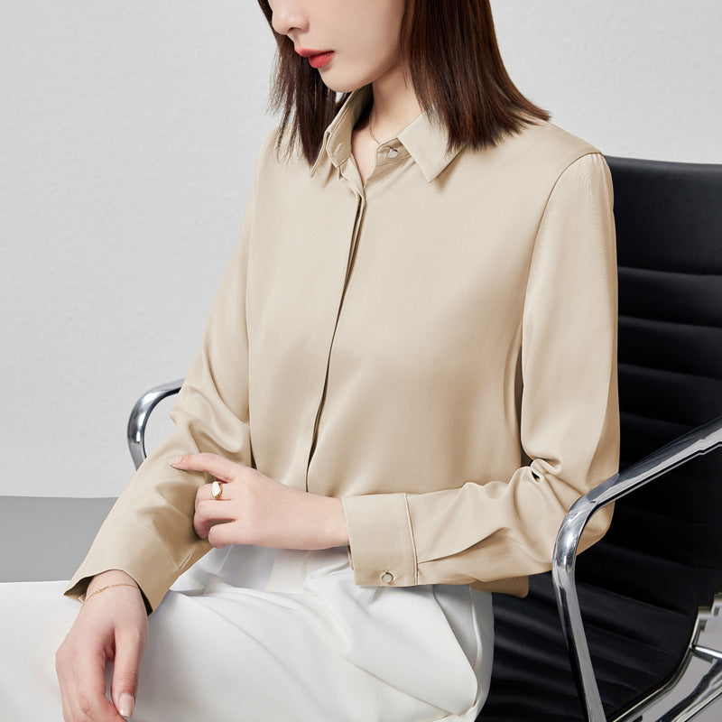 Satin Office Shirt - Long Sleeve Button Front Blouse for Work