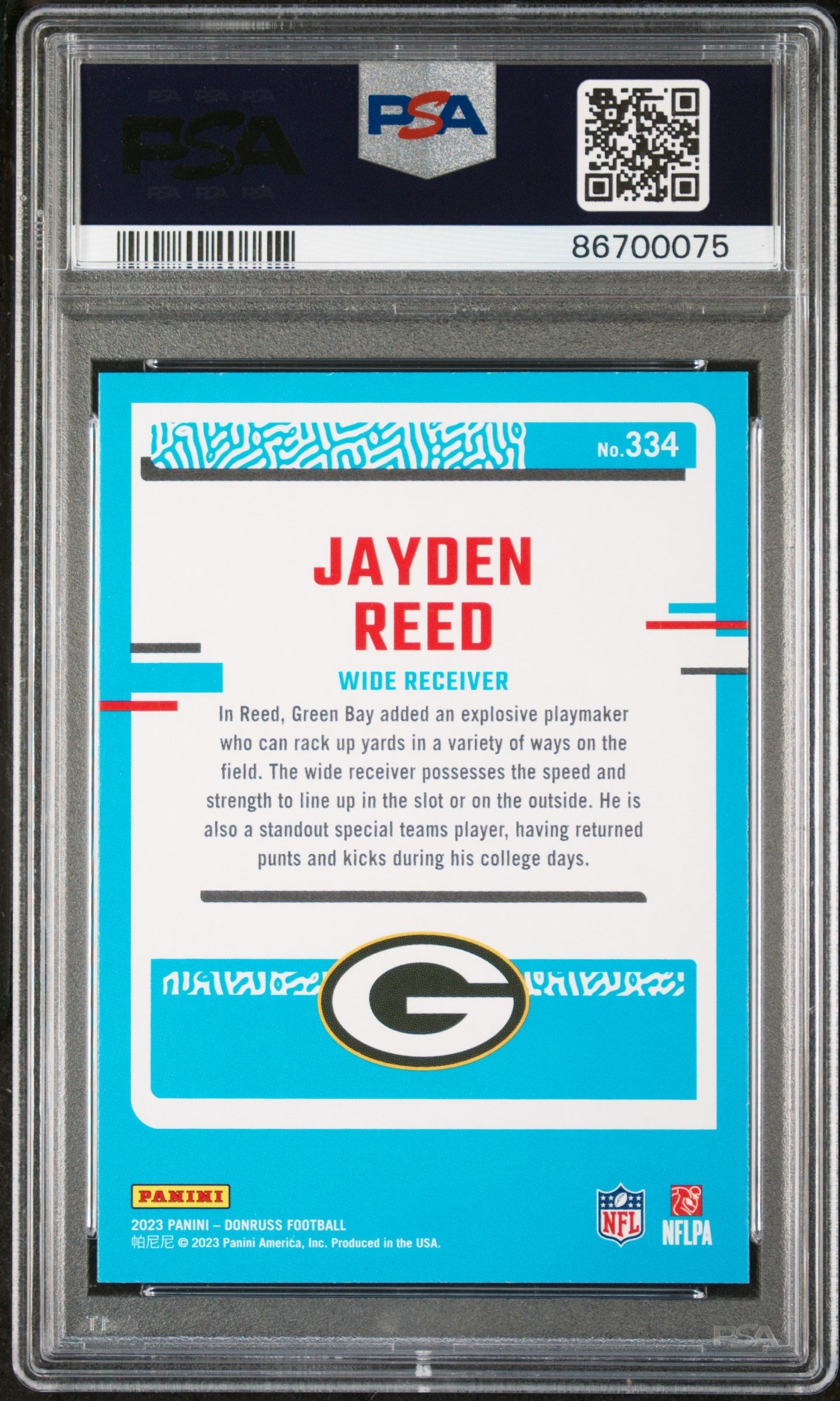 Graded 2023 Panini Donruss Jayden Reed #334 Rookie RC Football Card PSA 10 Gem Mint
