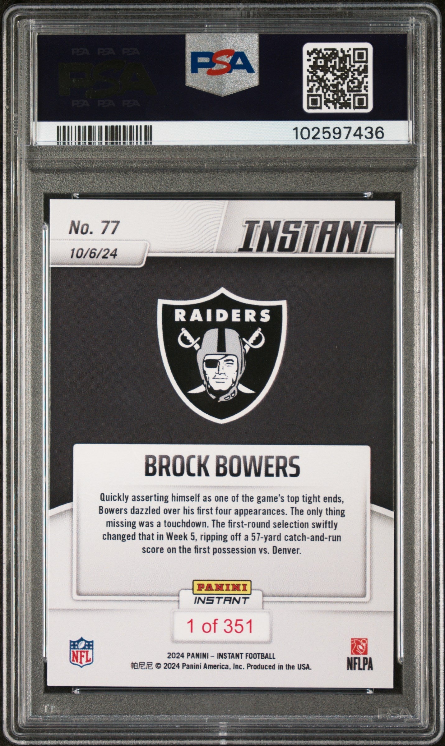 Graded 2024 Panini Instant NFL Brock Bowers #77 Rookie RC Football Card PSA 10 Gem Mint
