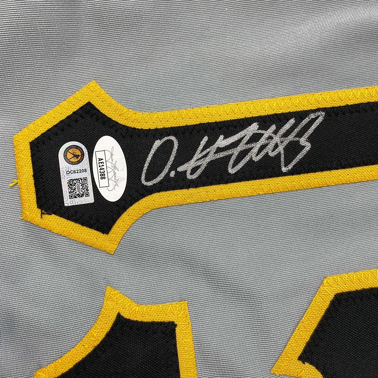 Framed Autographed/Signed Oneil Cruz 35x39 Pittsburgh Grey Baseball Jersey JSA COA