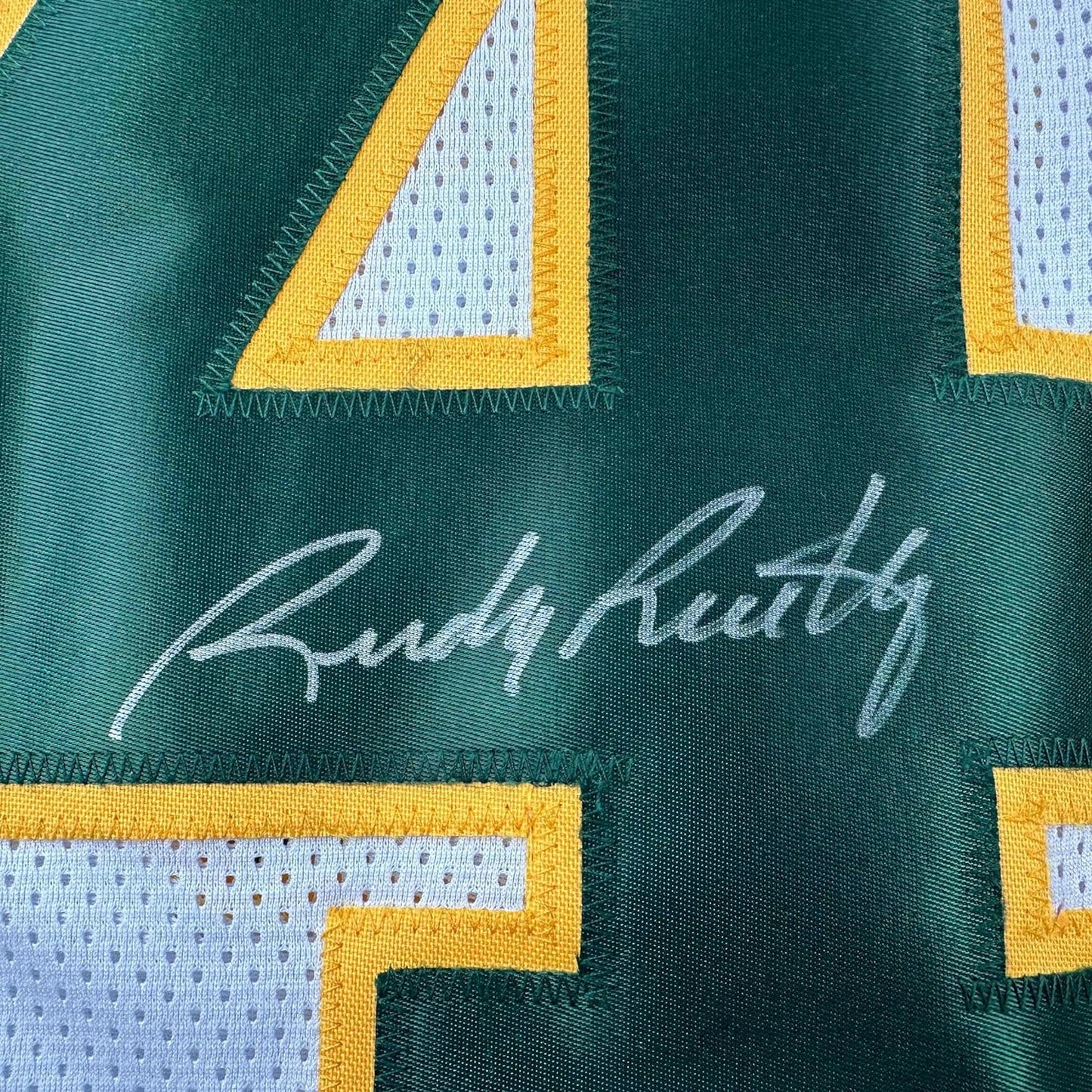 Framed Autographed/Signed Rudy Ruettiger 35x39 Notre Dame White/Green College Football Jersey JSA COA