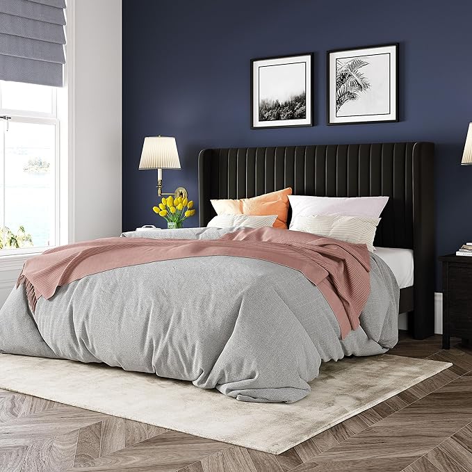 Allewie Queen Size Velvet Bed Frame/Vertical Channel Tufted Wingback Headboard/Upholstered Platform Bed/Strong Wooden Slats/No Box Spring Needed/Easy Assembly/Black