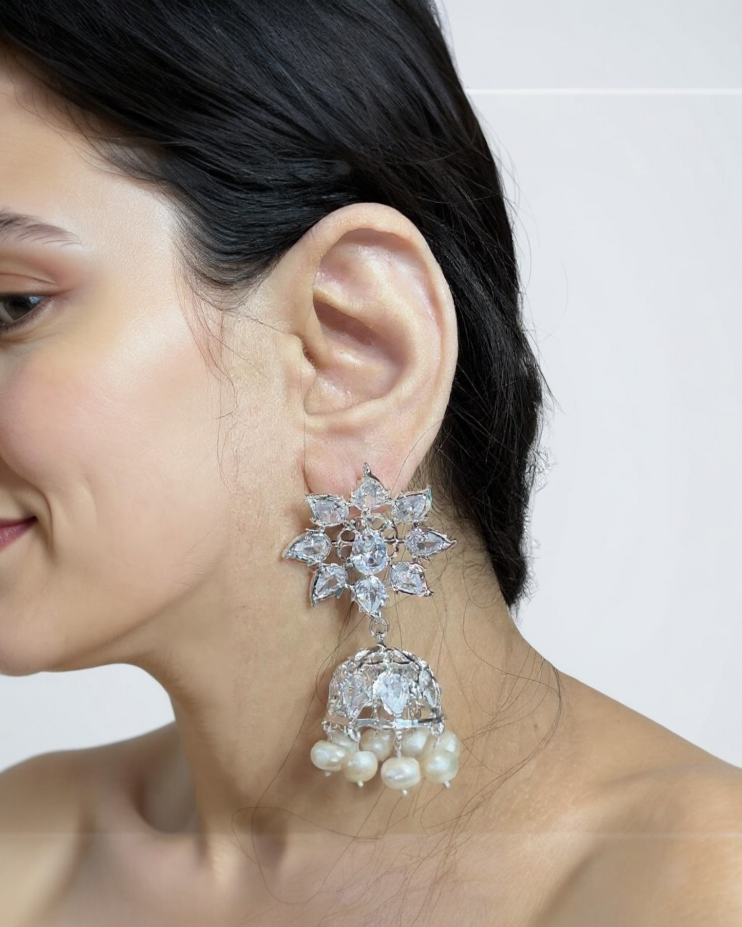 DER607 ✨ Evelyn Silver-Plated Karanphool Jhumka – With Pearls & High-Quality Zircon ( Ready to Ship )
