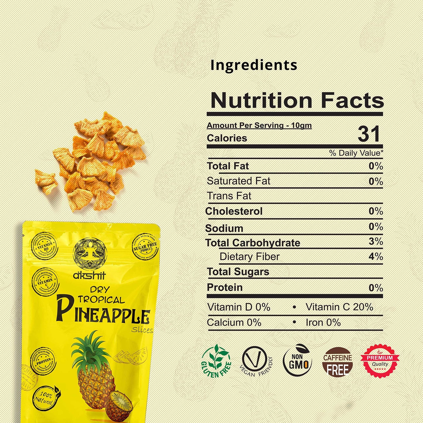 Akshit Premium Dried Pineapple Chunks | 100% Natural, No Sugar, Gluten-Free, Non-GMO 1.2 oz (12 count ) I piña bocadillo I Tranches d'ananas secs