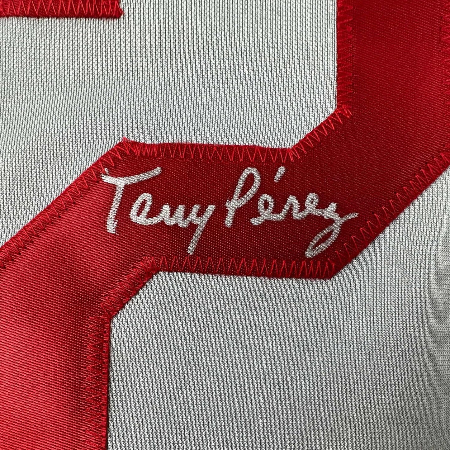 Framed Autographed/Signed Tony Perez 35x39 Cincinnati Grey Baseball Jersey Beckett BAS COA