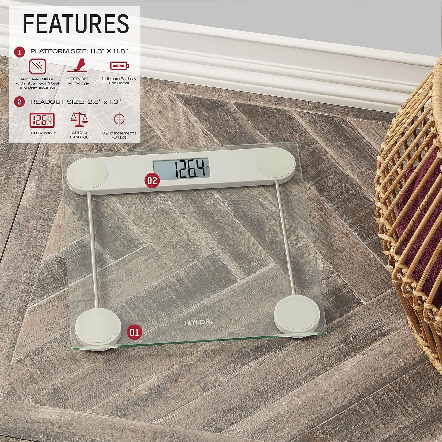 Taylor Digital Bathroom Scale, Highly Accurate Body Weight Scale, Instant On and Off, 400 lb, Sturdy Clear Glass with ChromeFinish Base