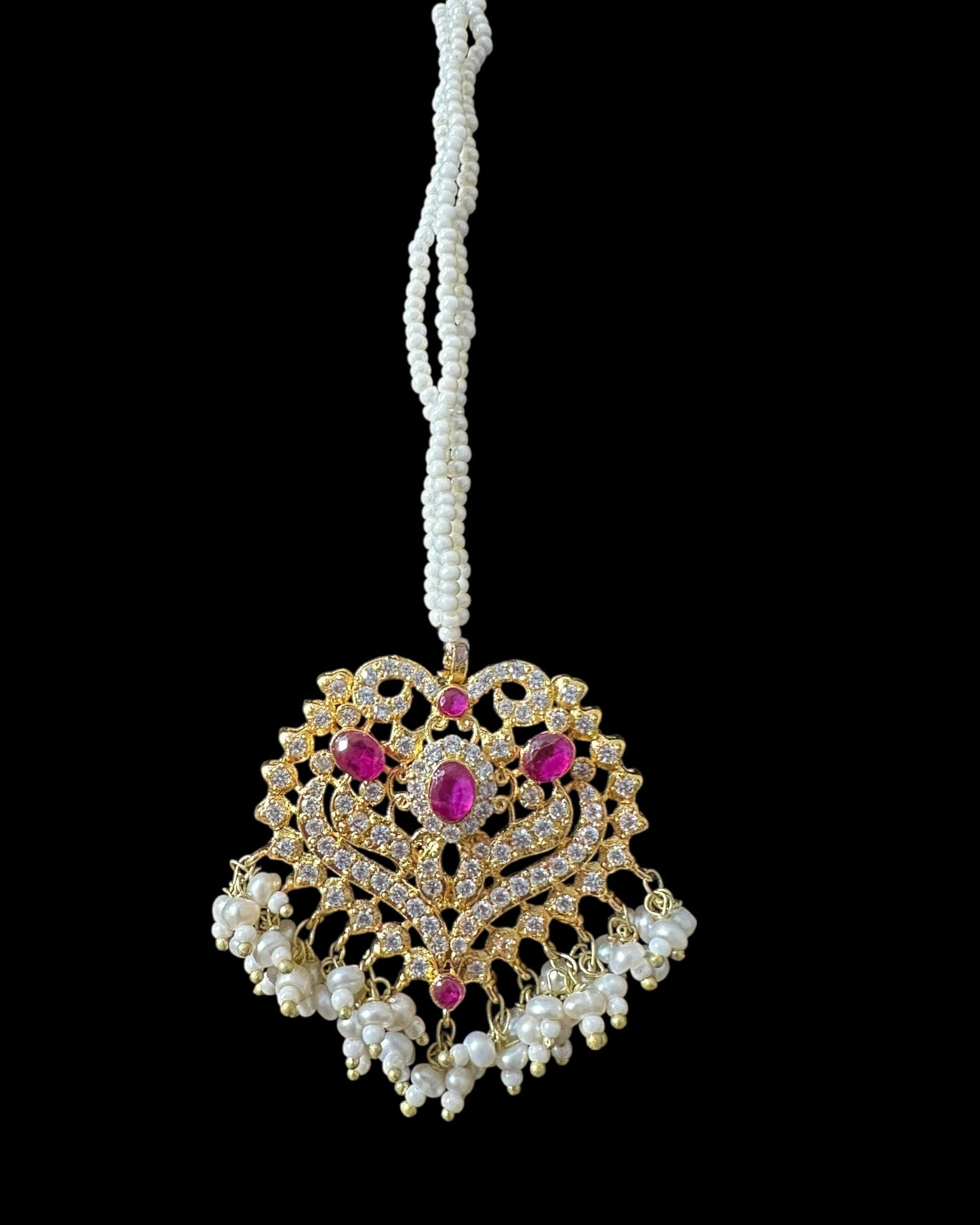 BR465 RAABYA ruby and pearl with zircon bridal choker set with earrings tika ( READY TO SHIP )