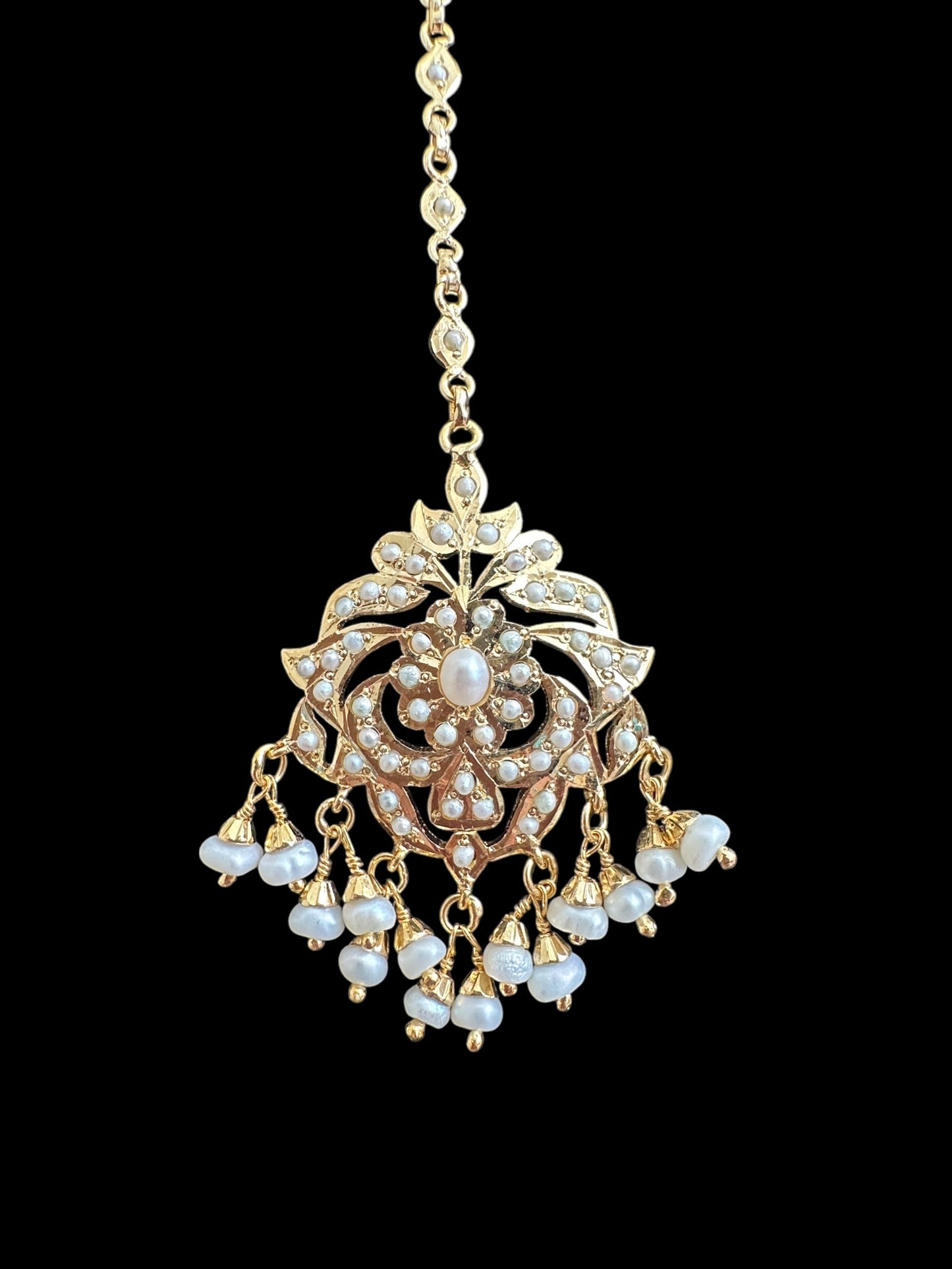 Gold plated silver tikka in fresh water pearls ( READY TO SHIP )