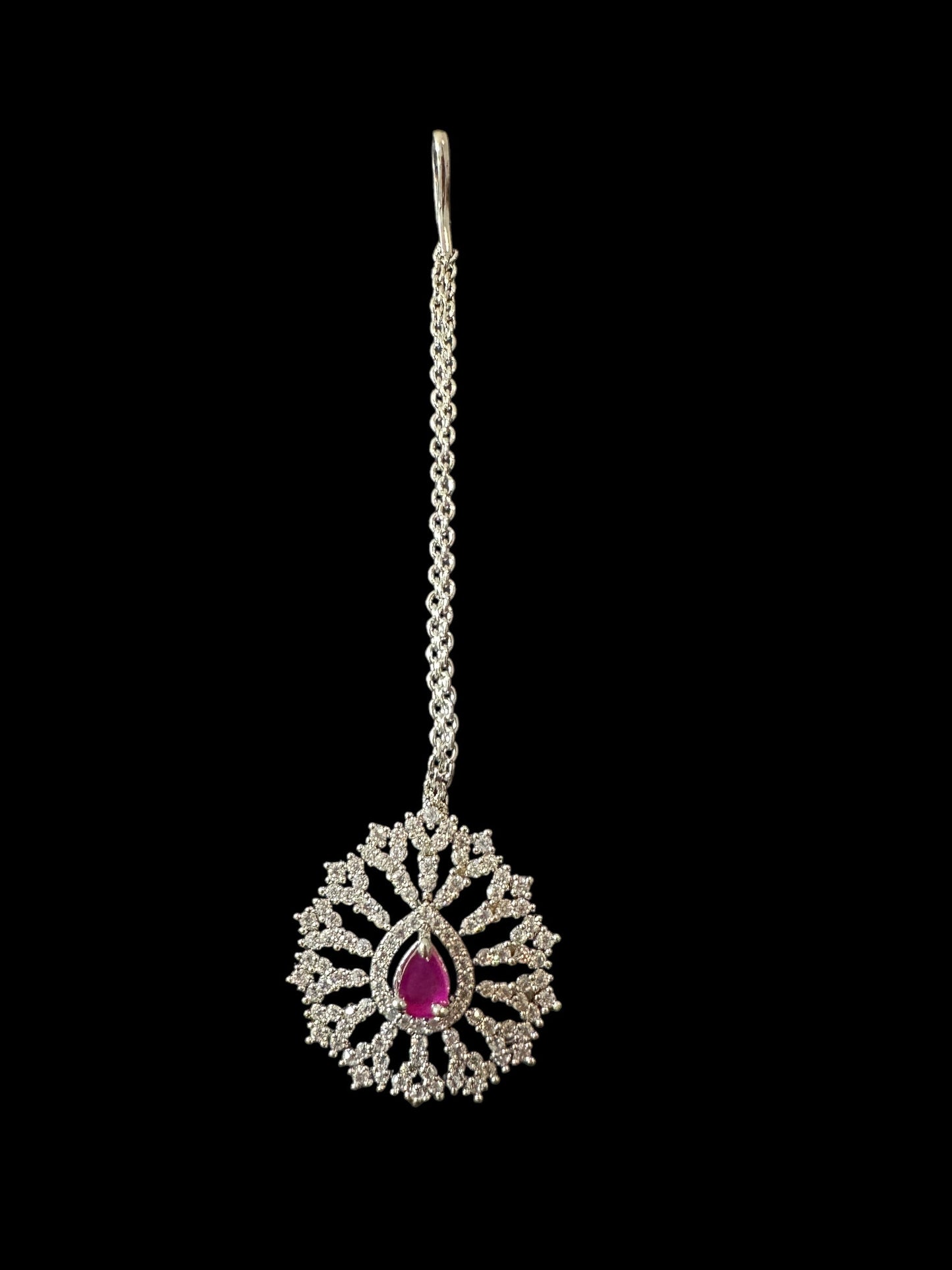 DNS172 Cz necklace set with earrings tika silver plated - Ruby centre stone (READY TO SHIP)
