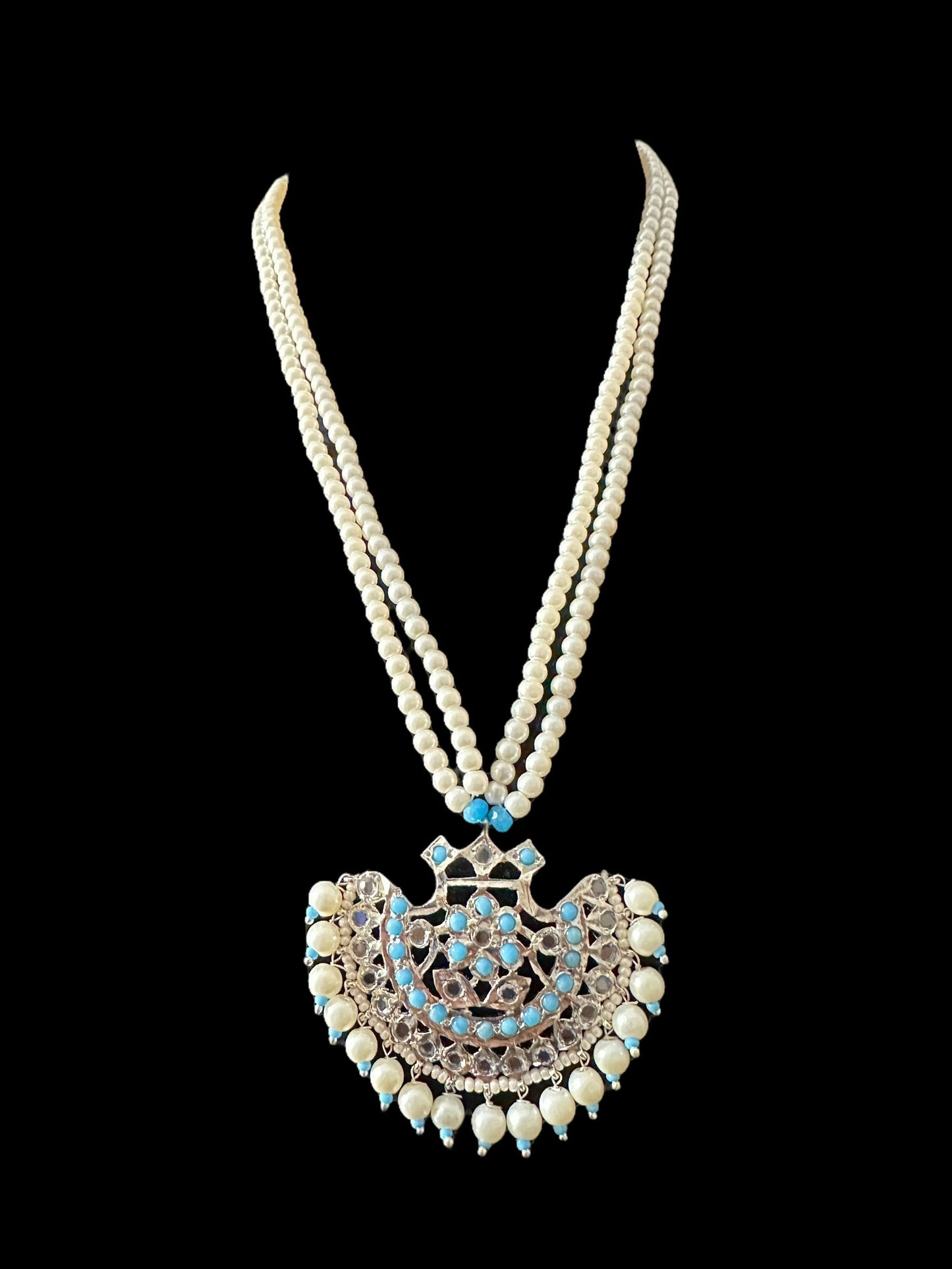 Turquoise / feroza hyderabadi silver plated pendant set with pearls ( READY TO SHIP )