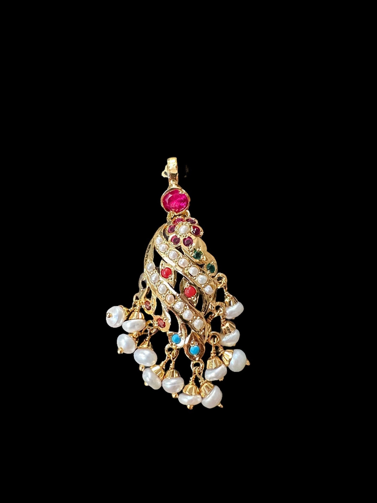 Gold plated jadau silver pendant set in navratan ( SHIPS IN 4 WEEKS )