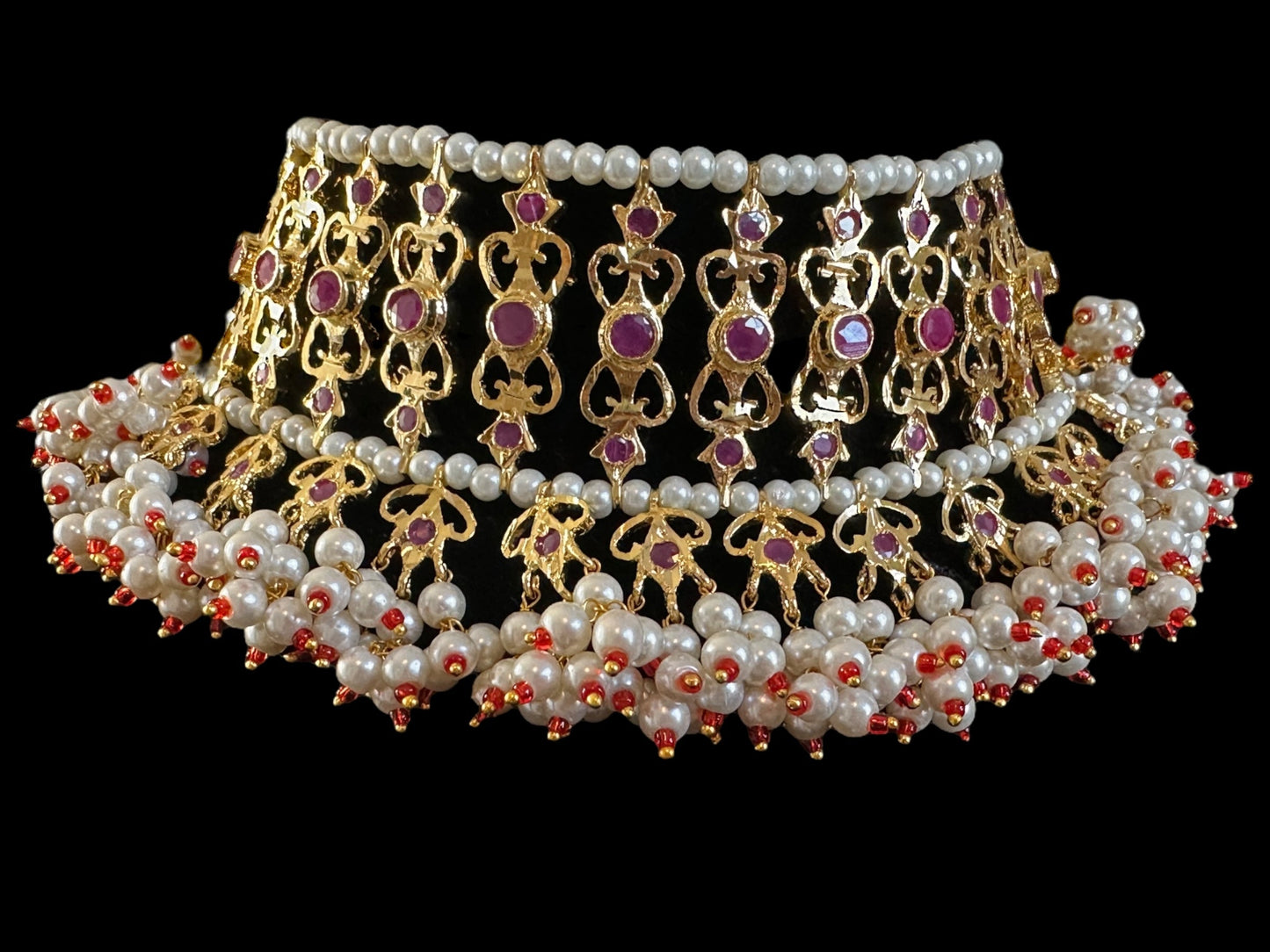 C534 Viya bridal choker set in rubies and pearls (SHIPS IN 4 WEEKS )