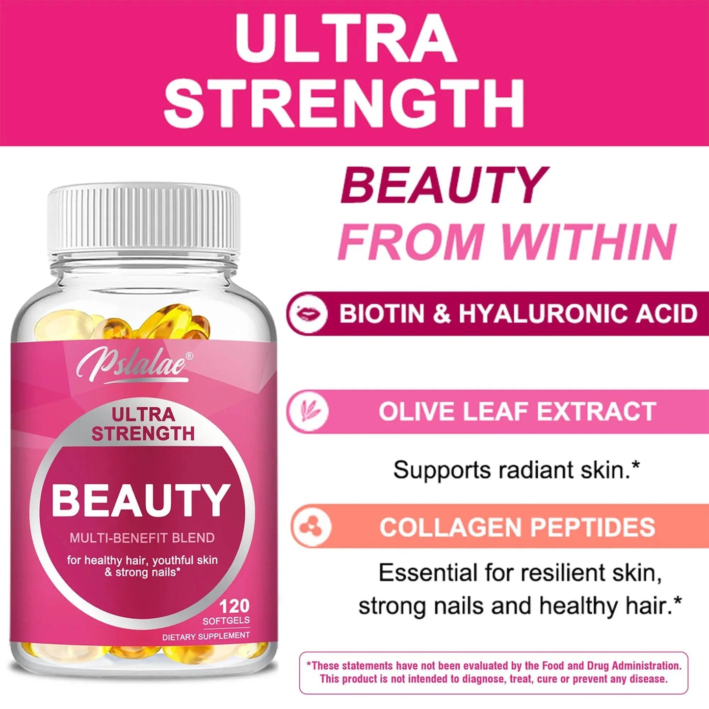 Ultra Strength Beauty Capsules - Whitening Skin Care, Replenishing Hair, Skin and Nails - 120 Capsules