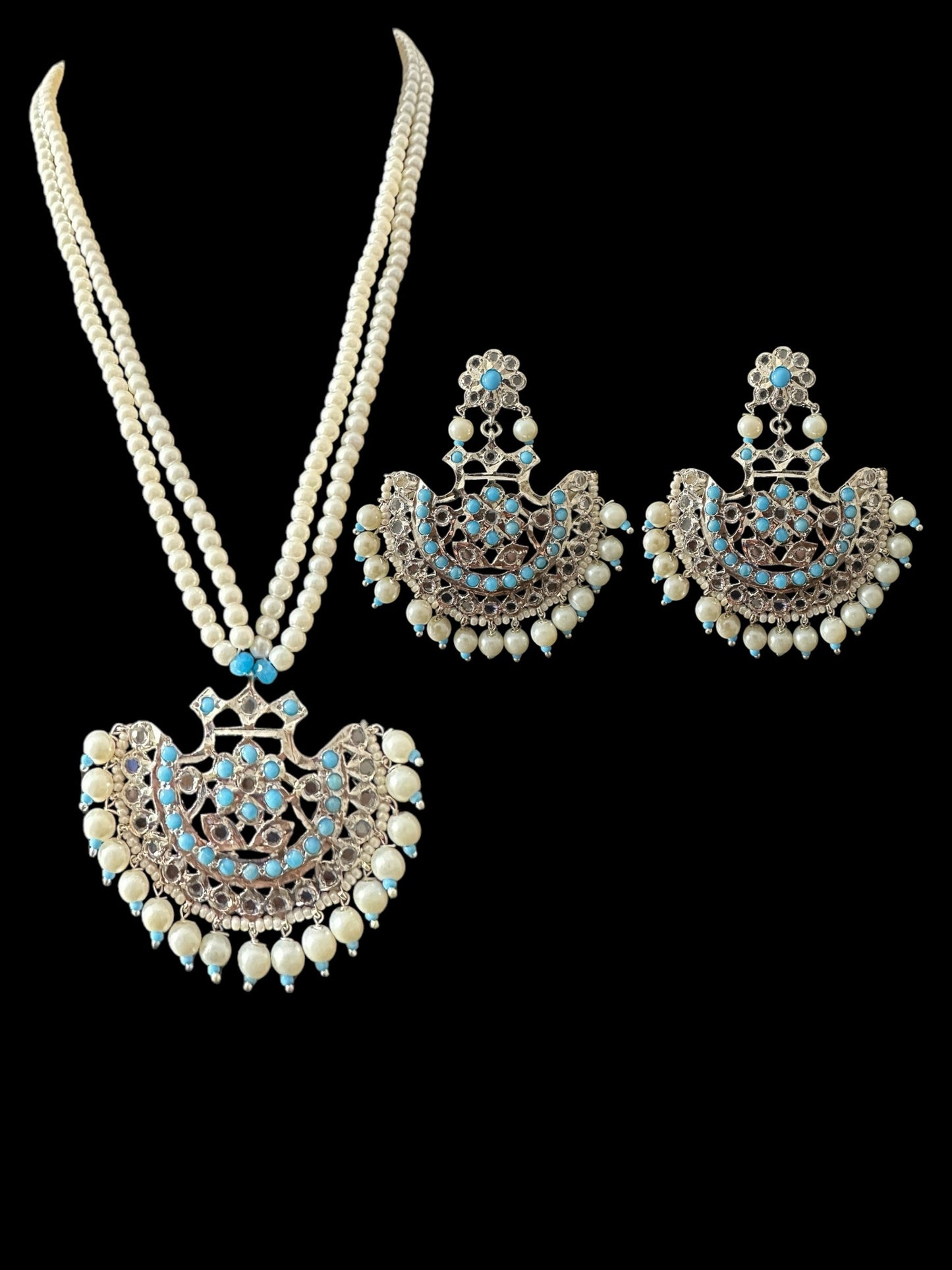 Turquoise / feroza hyderabadi silver plated pendant set with pearls ( READY TO SHIP )