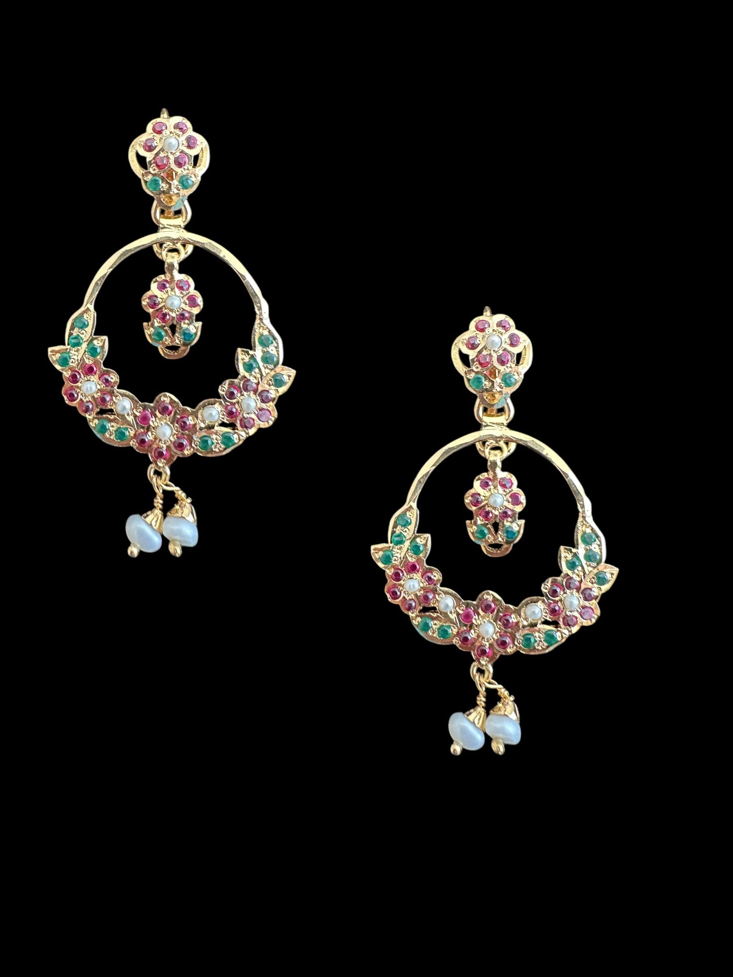92.5 silver gold plated Chandbali earrings in ruby emerald ( READY TO SHIP )