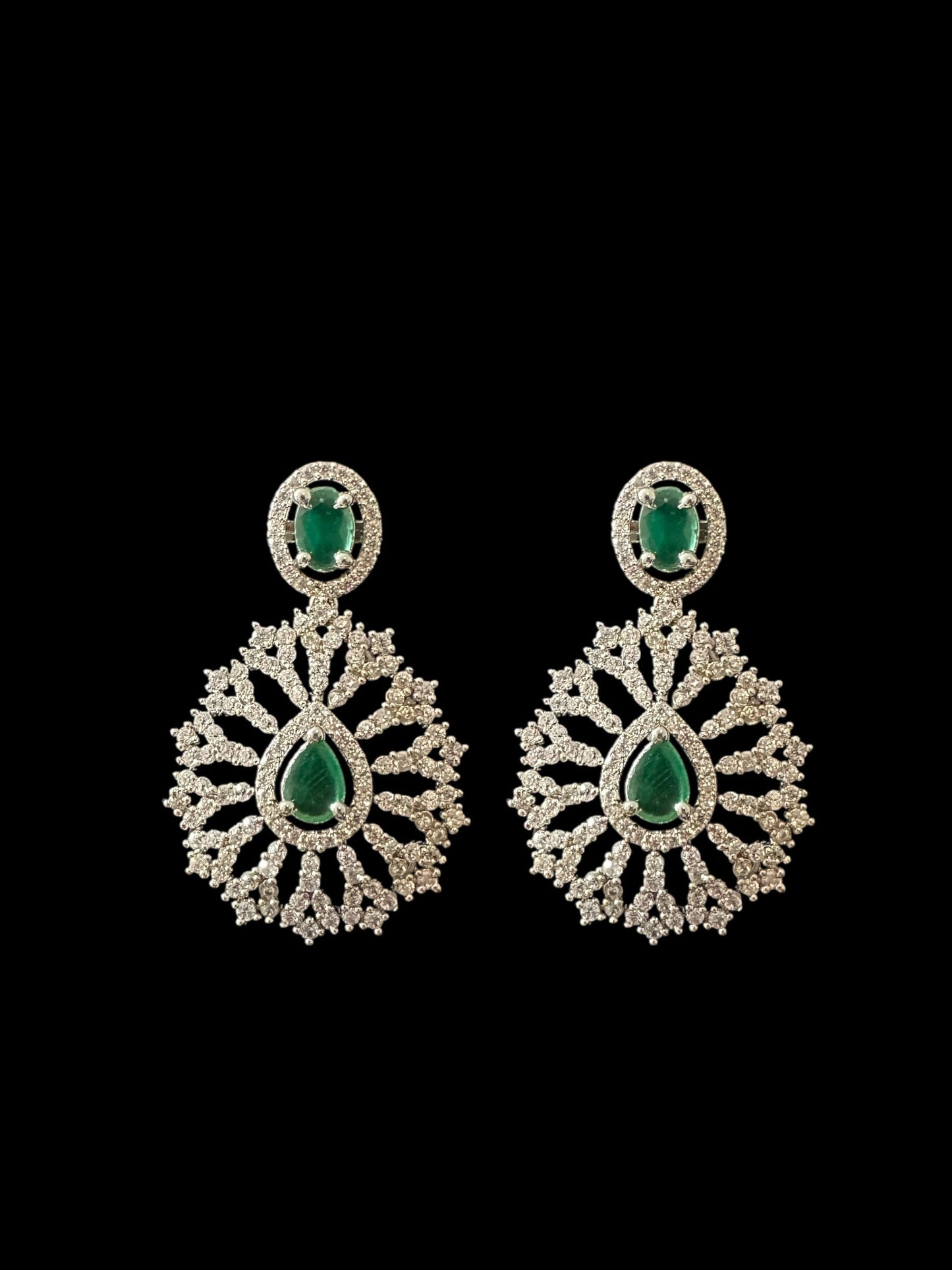 DNS171 Cz necklace set with earrings tika silver plated - Emerald green centre stone (READY TO SHIP)
