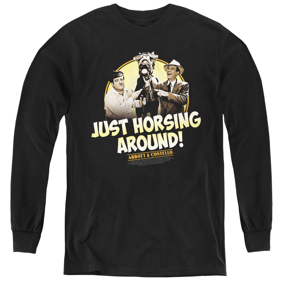 Abbott & Costello Horsing Around Long Sleeve Kids Youth T Shirt Black Officially Licensed