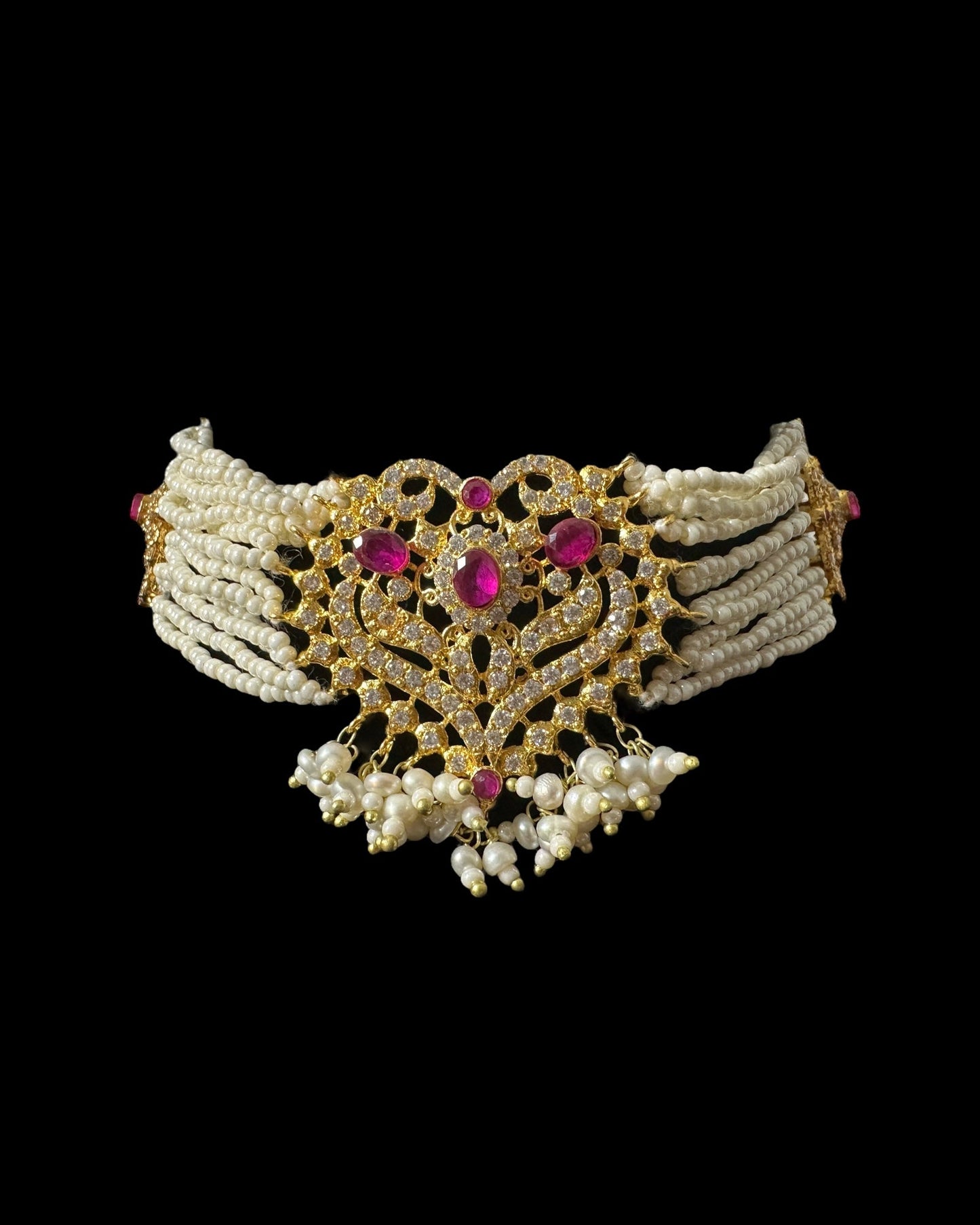 BR465 RAABYA ruby and pearl with zircon bridal choker set with earrings tika ( READY TO SHIP )