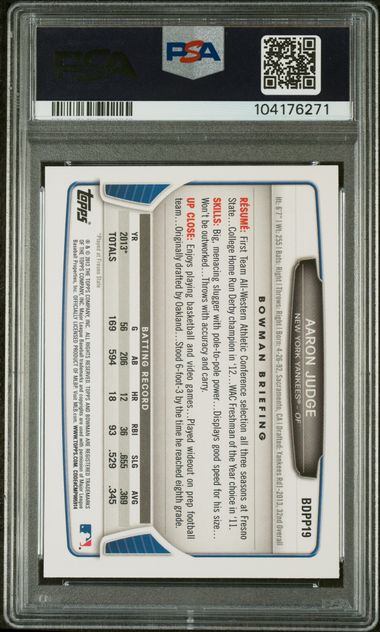 Graded 2013 Topps Bowman Draft Picks & Prospects Aaron Judge #BDPP19 Rookie RC Baseball Card PSA 9 Mint
