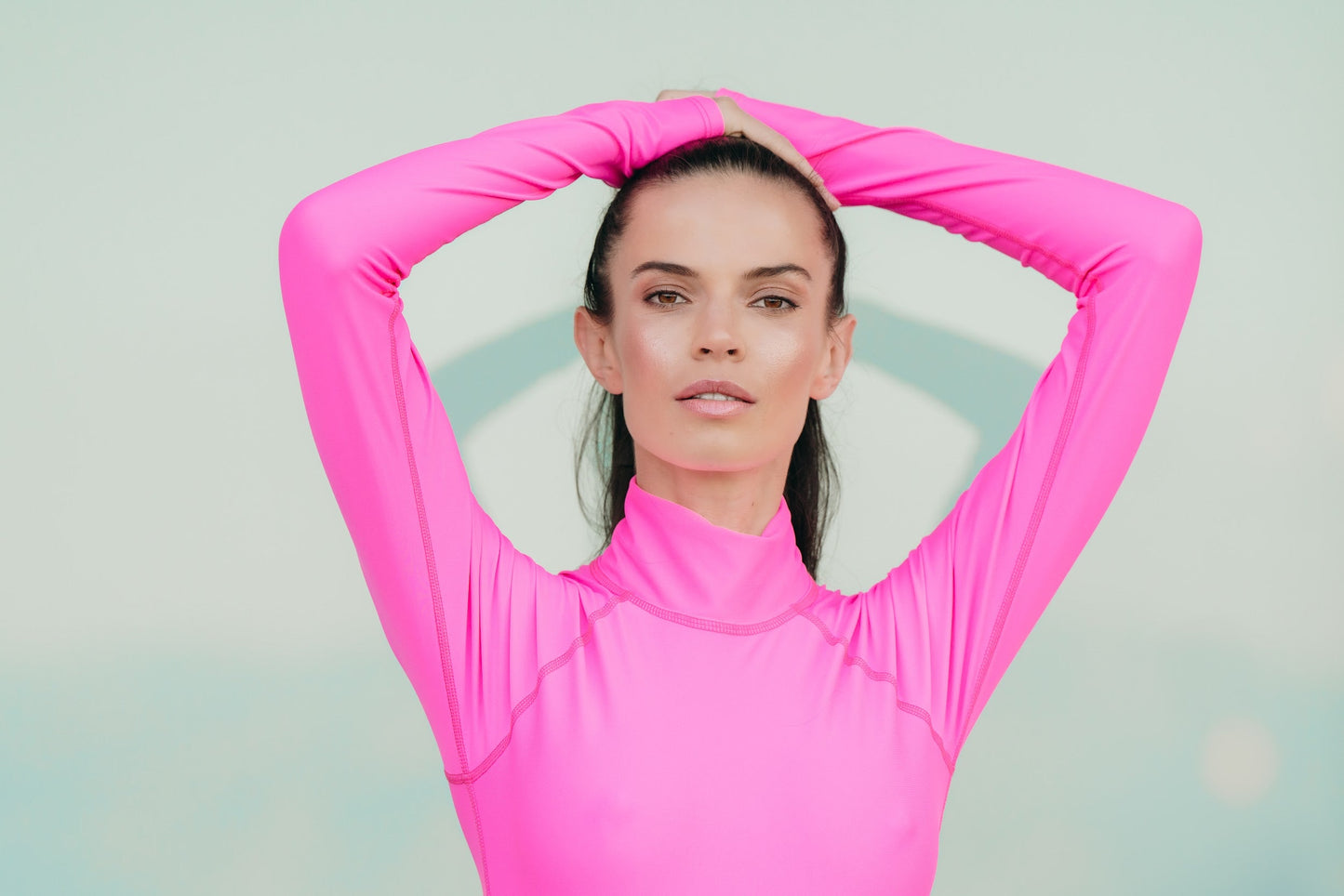 Women's UPF 50+ Sun Protective Long Sleeve "Shorty" Swimsuit - Neon Pink