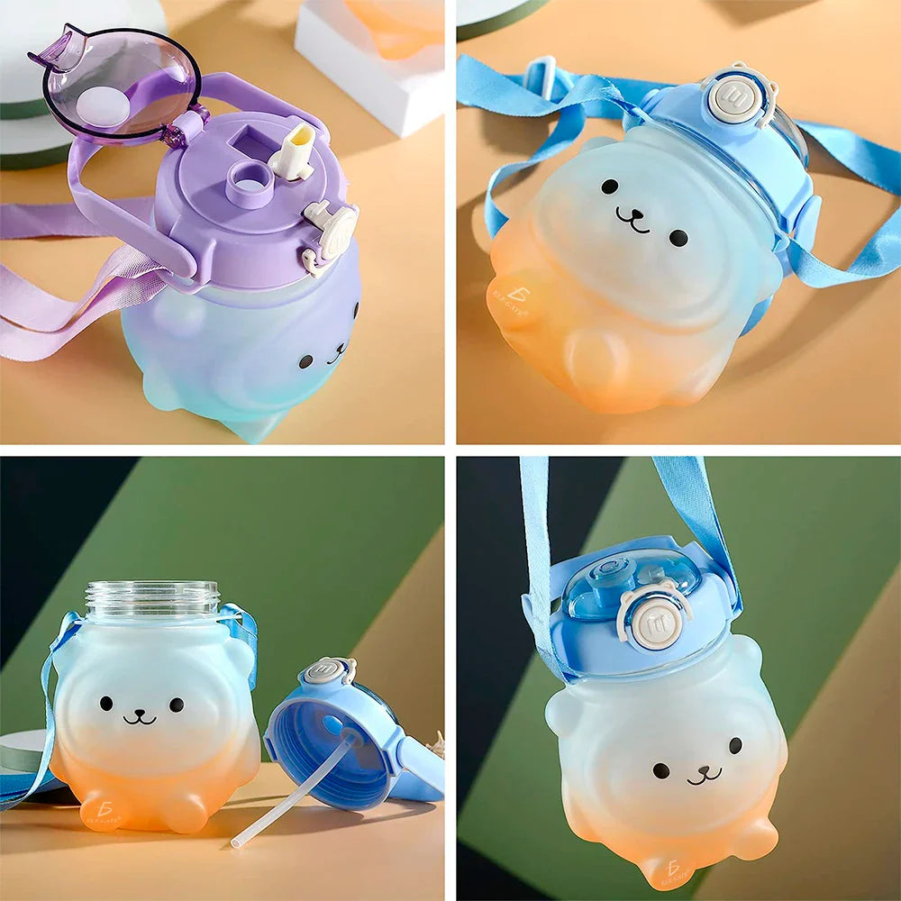 600ml Kawaii Bear Design Water Bottle - With Strap
