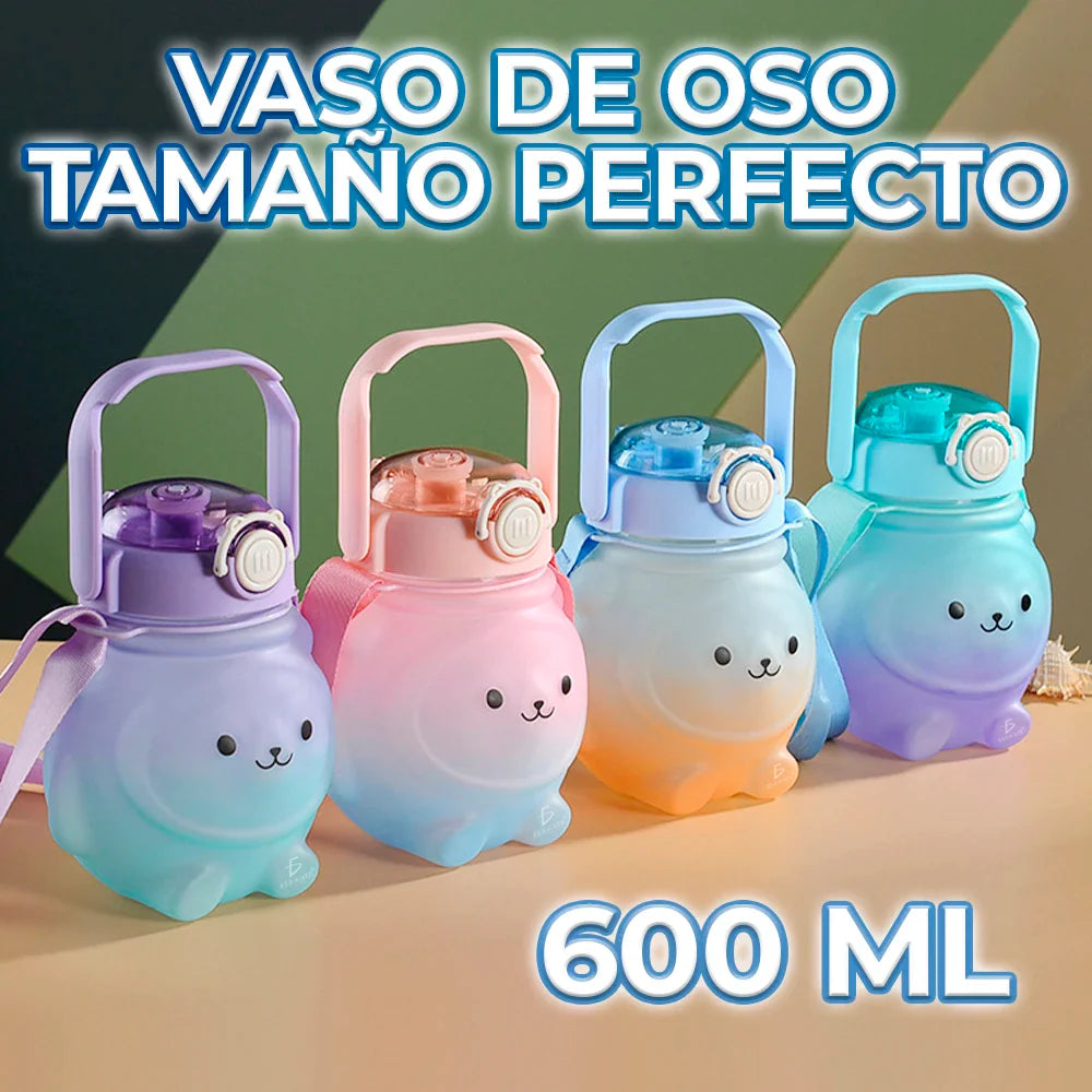 600ml Kawaii Bear Design Water Bottle - With Strap