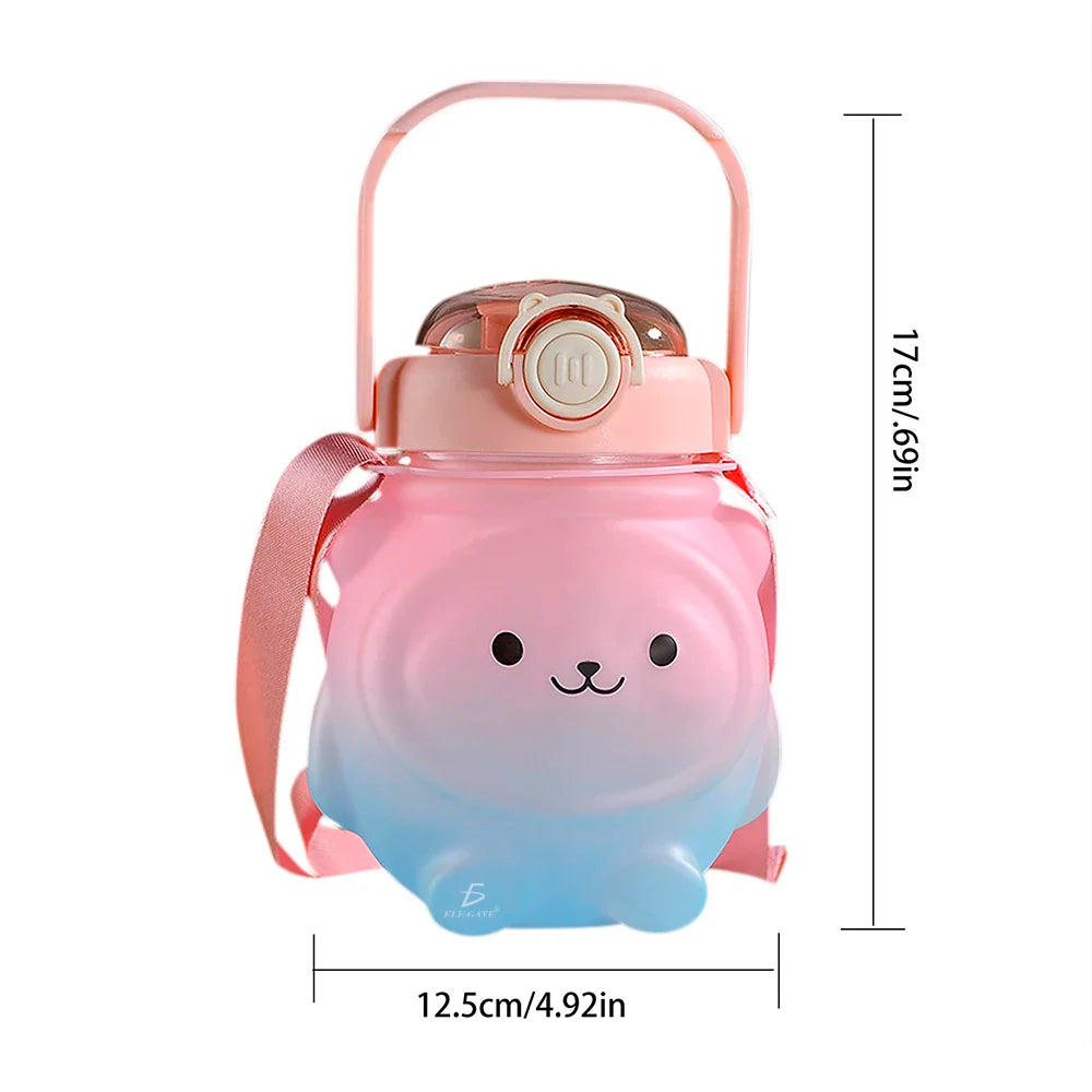 600ml Kawaii Bear Design Water Bottle - With Strap
