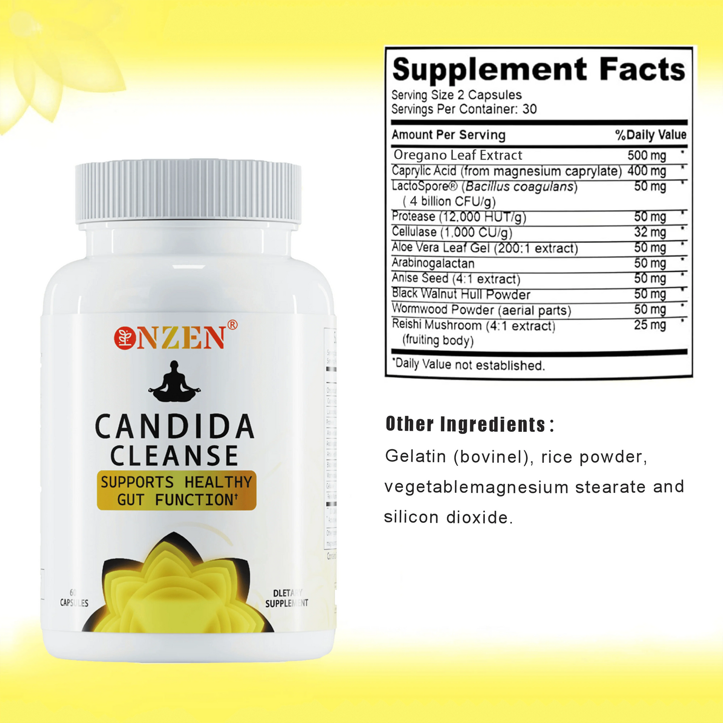 Candida Cleanse -Gut and ColonSupport -for Men & Women -AntiYeast Overgrowth -Oregano Leaf, Wormwood, Black Walnut, caprylic Ac
