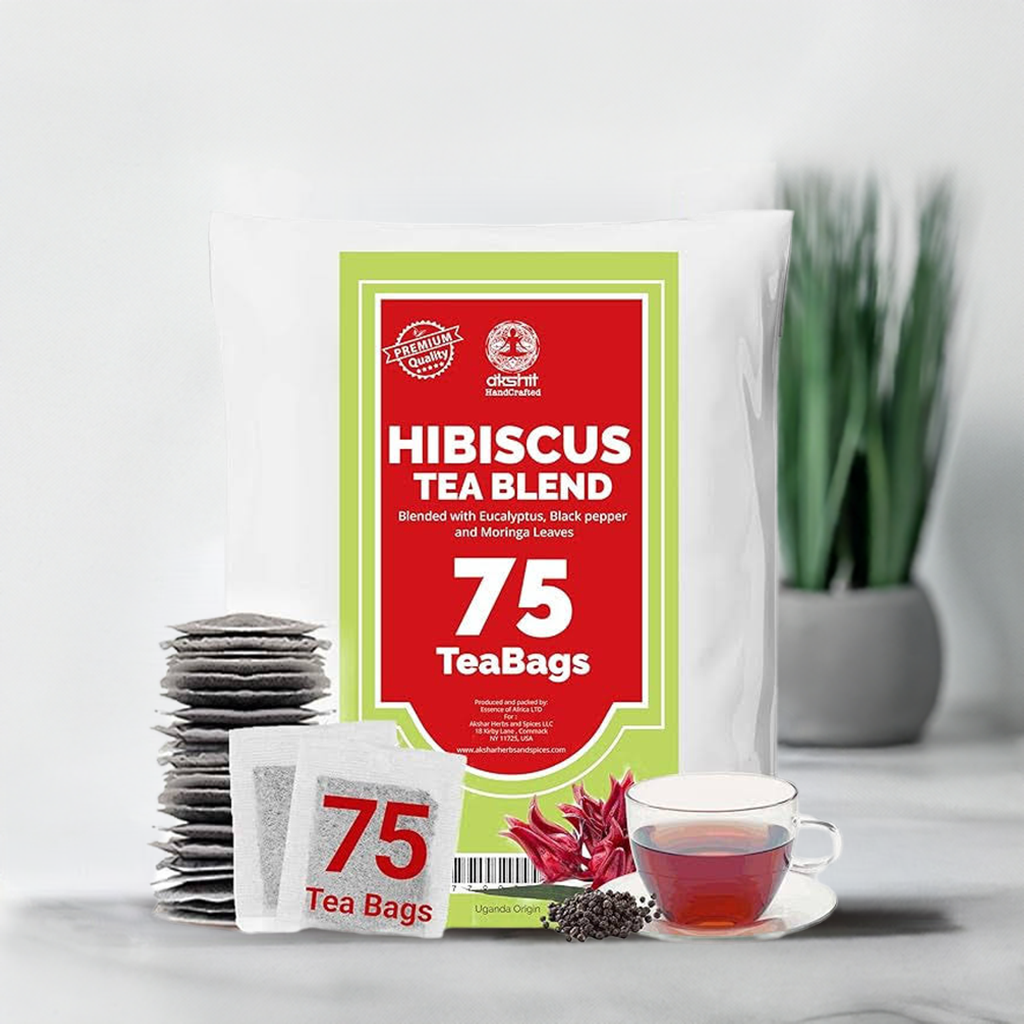Akshit Hibiscus Moringa Tea Blend, 75 Hibiscus Tea Bags Blended with Moringa Leaves, Black Pepper, and Eucalyptus Leaves, Caffeine Free, Hibiscus Tea Blend