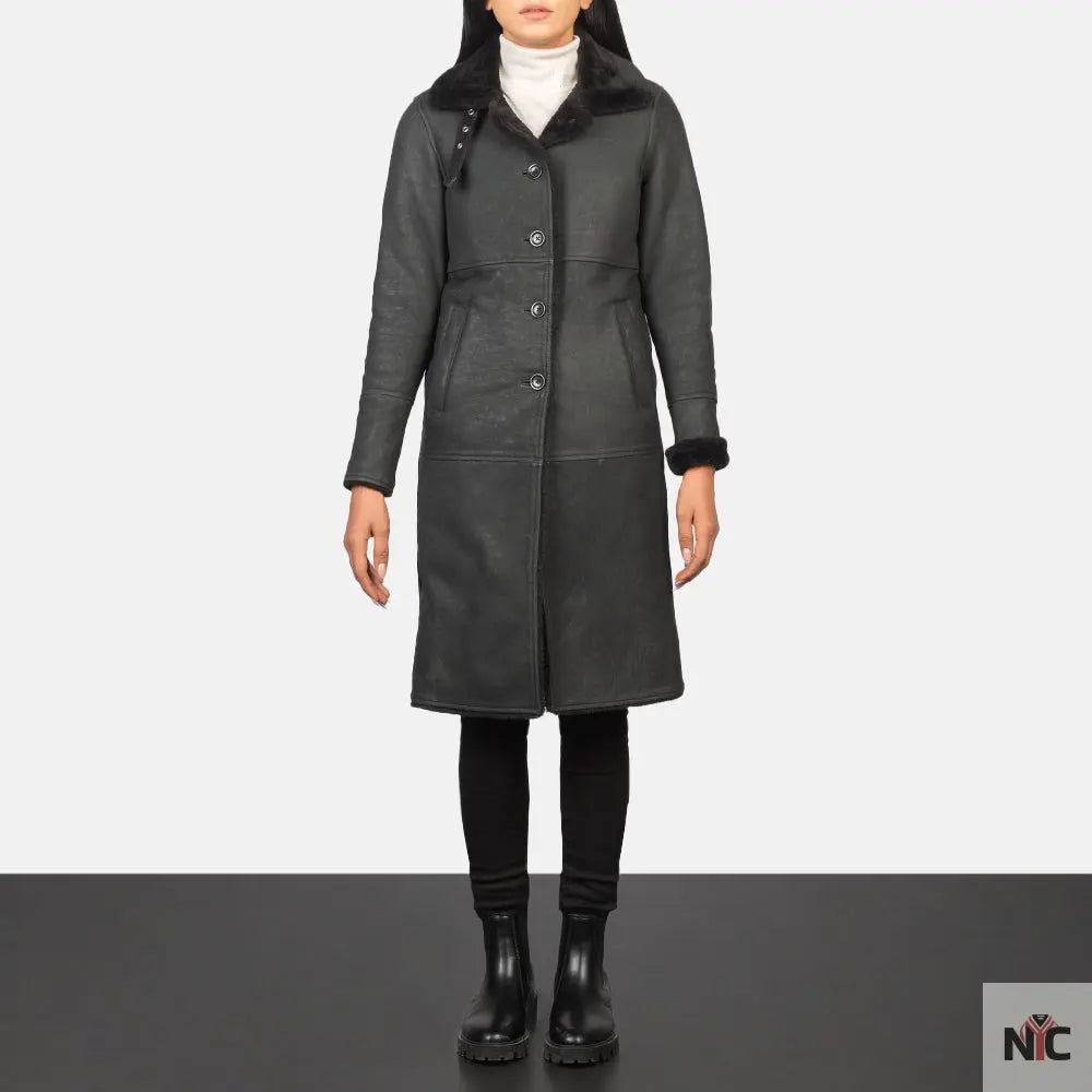 Alina Shearling Black Leather Coat