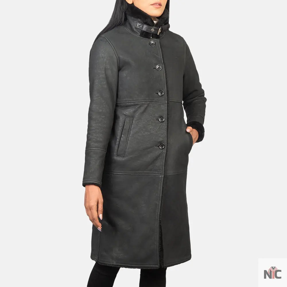 Alina Shearling Black Leather Coat