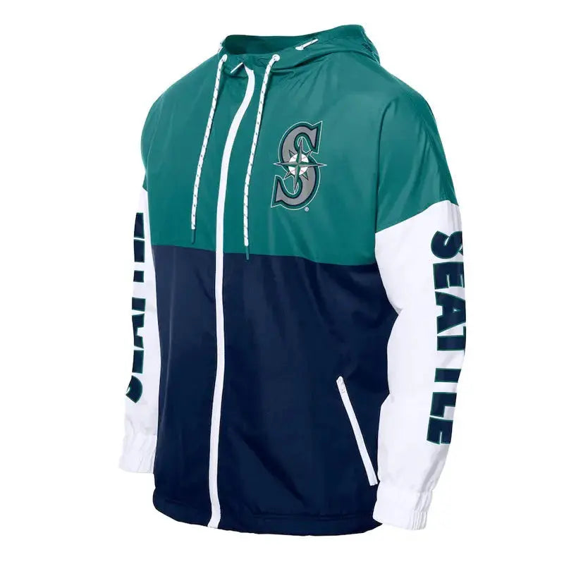 Seattle Mariners Color Block Navy/Aqua Hoodie Windbreaker