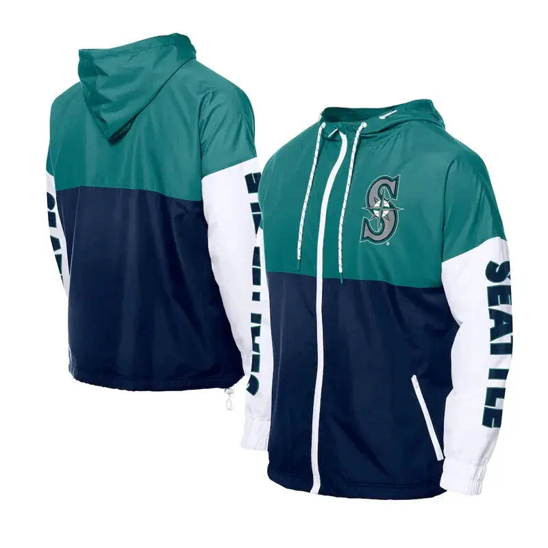 Seattle Mariners Color Block Navy/Aqua Hoodie Windbreaker