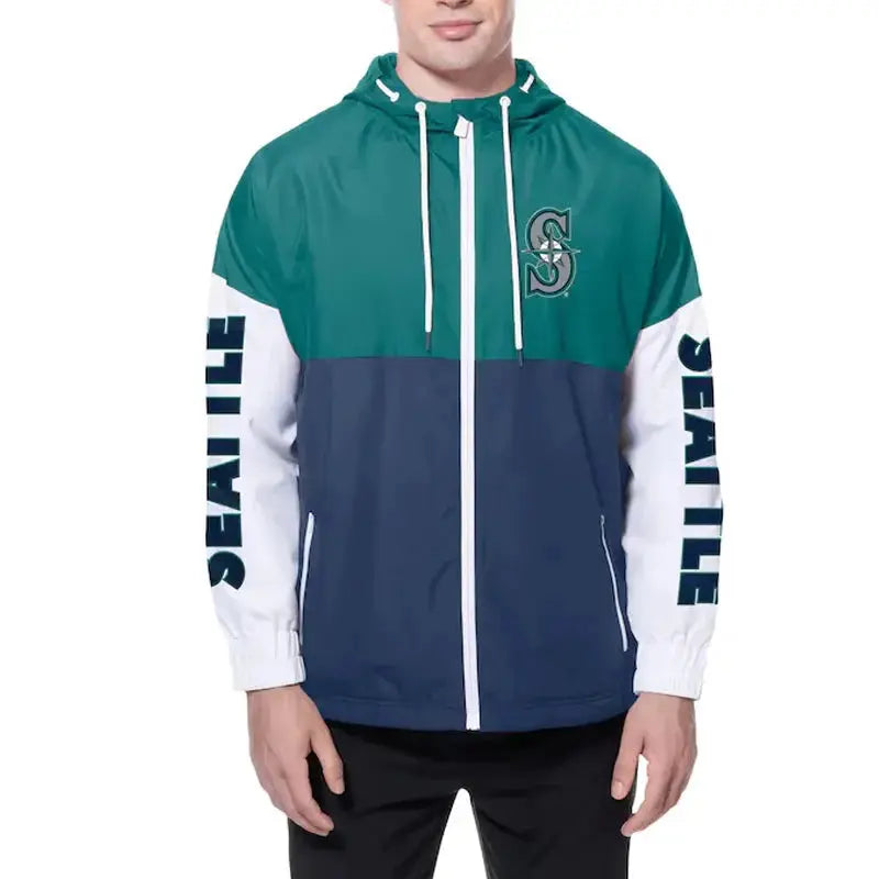 Seattle Mariners Color Block Navy/Aqua Hoodie Windbreaker