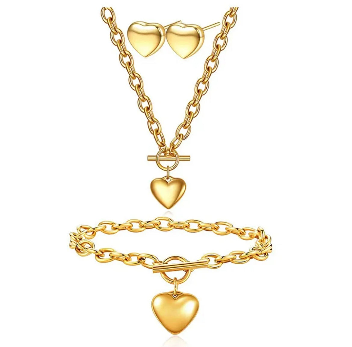 Puffed Heart Necklace. Bracelet & Earring Set