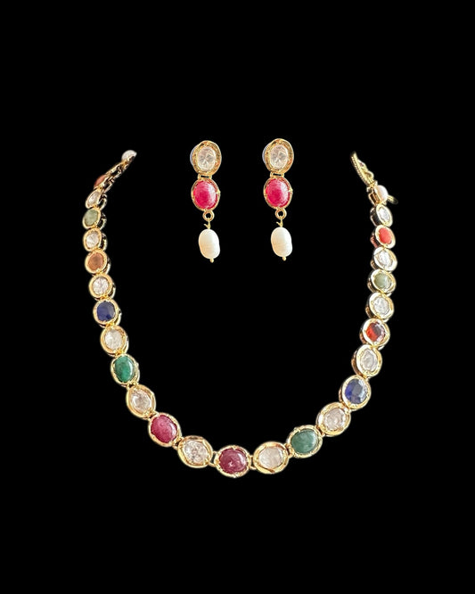 DNS205 Bhanu navratan necklace with earrings in real gemstones ( READY TO SHIP )