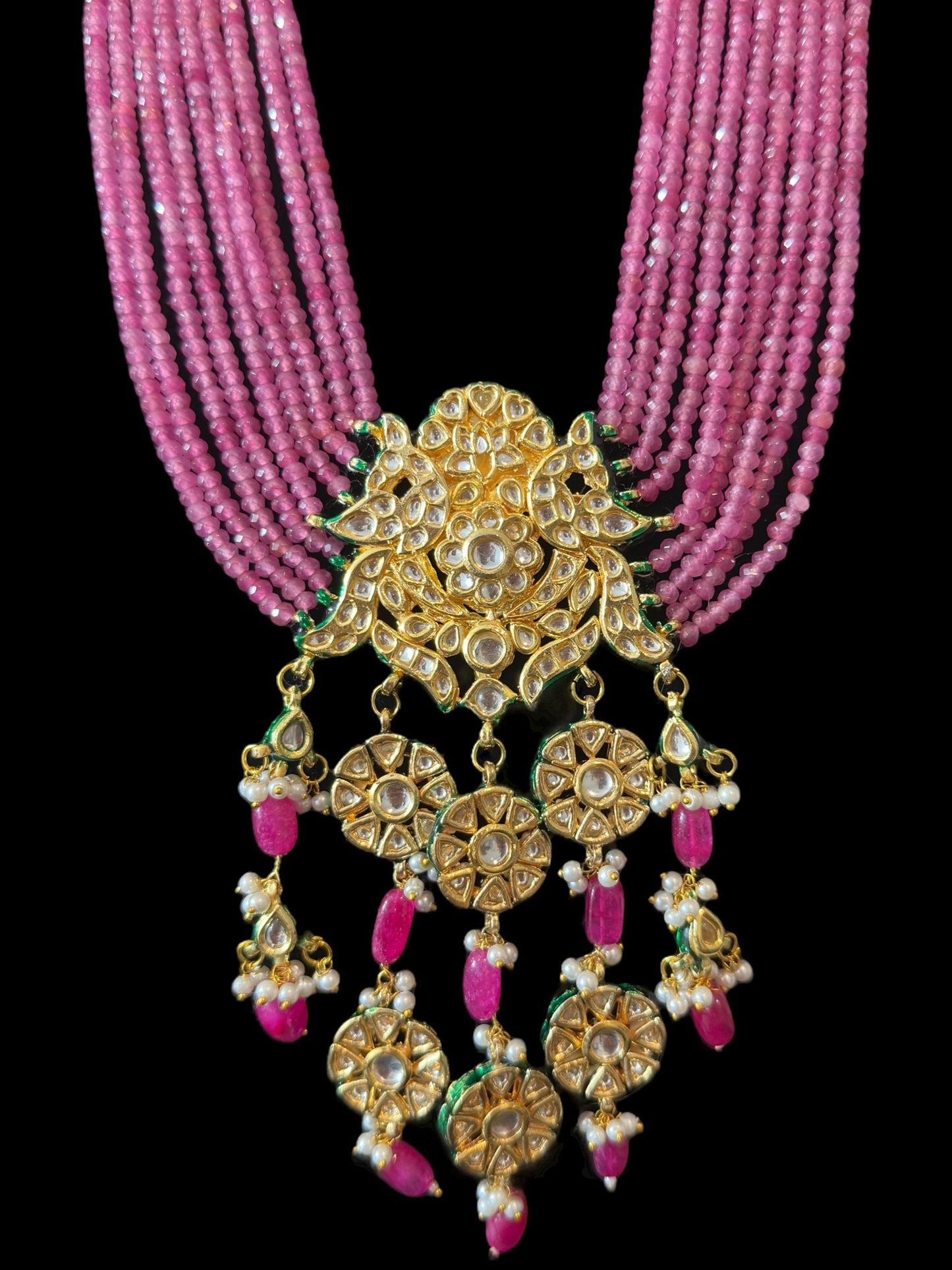 DLN104 Shahreen kundan rani haar in pink beads ( READY TO SHIP)