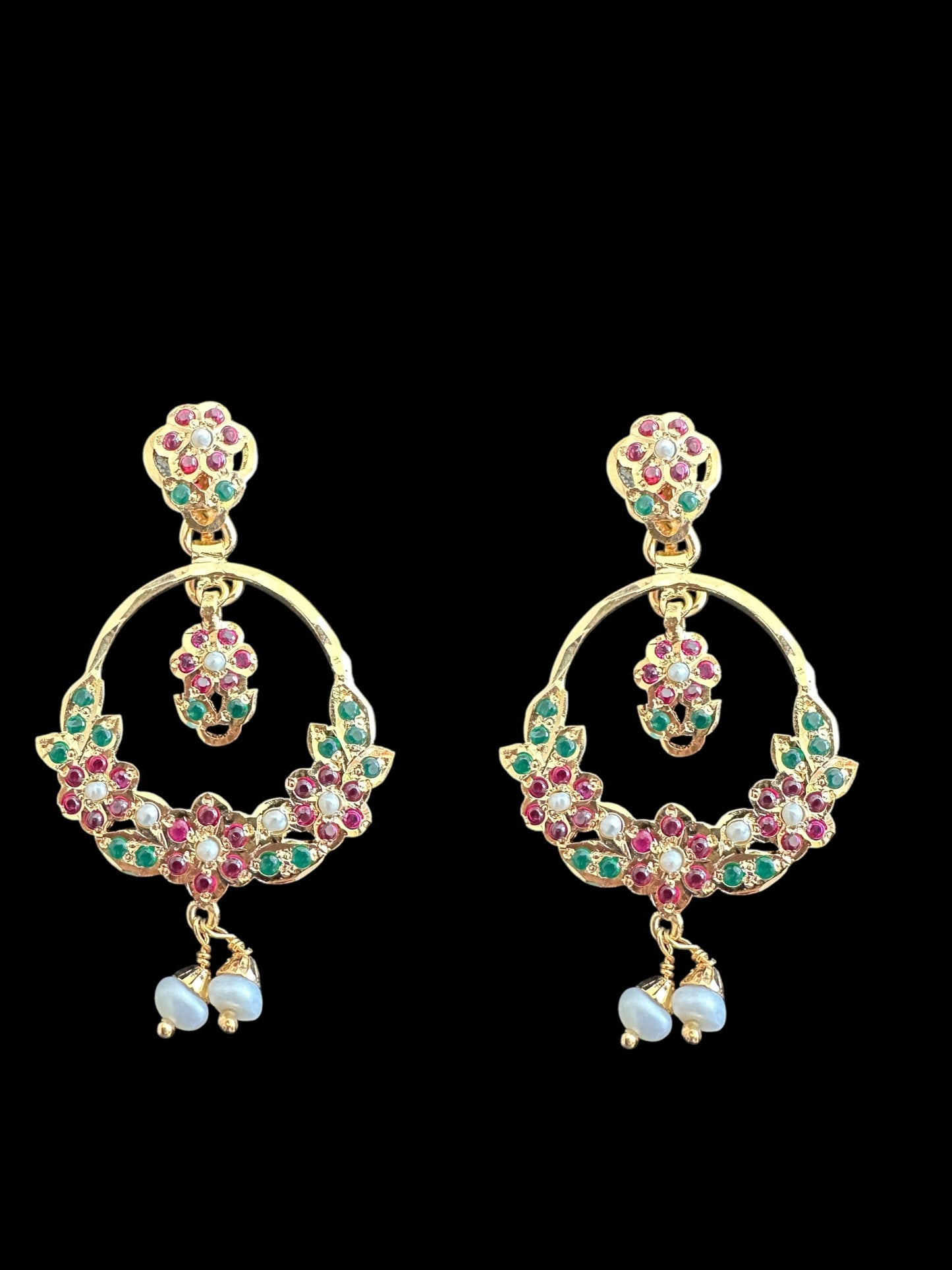 92.5 silver gold plated Chandbali earrings in ruby emerald ( READY TO SHIP )