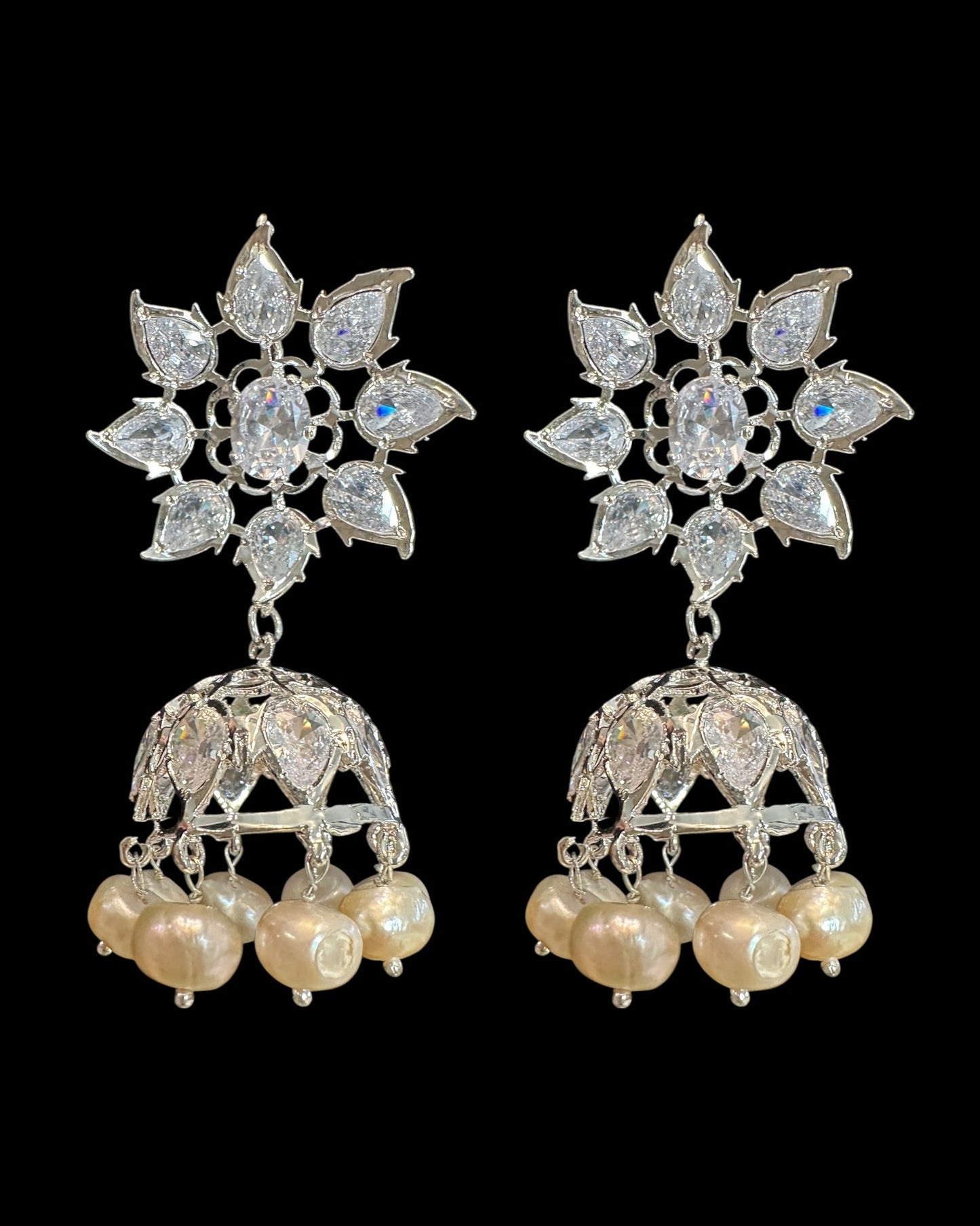 DER607 ✨ Evelyn Silver-Plated Karanphool Jhumka – With Pearls & High-Quality Zircon ( Ready to Ship )