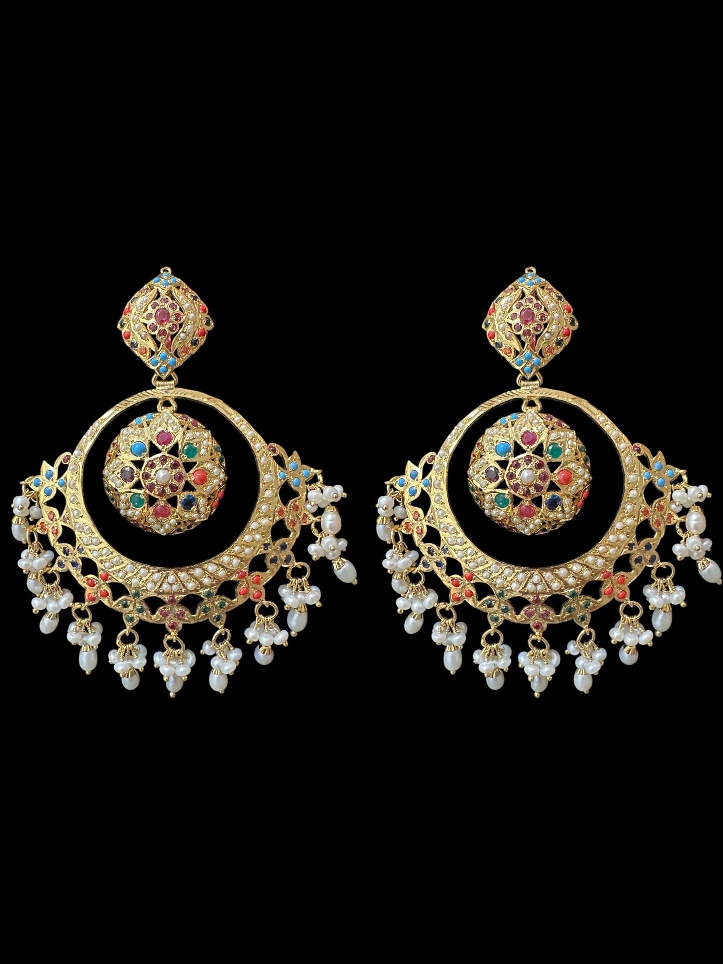92.5 Silver Gold-Plated Earrings in Navratan with Freshwater Pearls – Handcrafted Jadau chandbali
(READY TO SHIP )