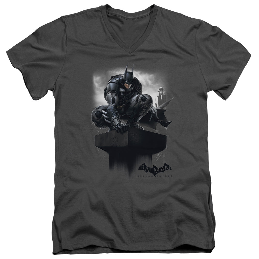 Batman Arkham Knight Perched Mens Slim Fit V Neck T Shirt Charcoal Officially Licensed