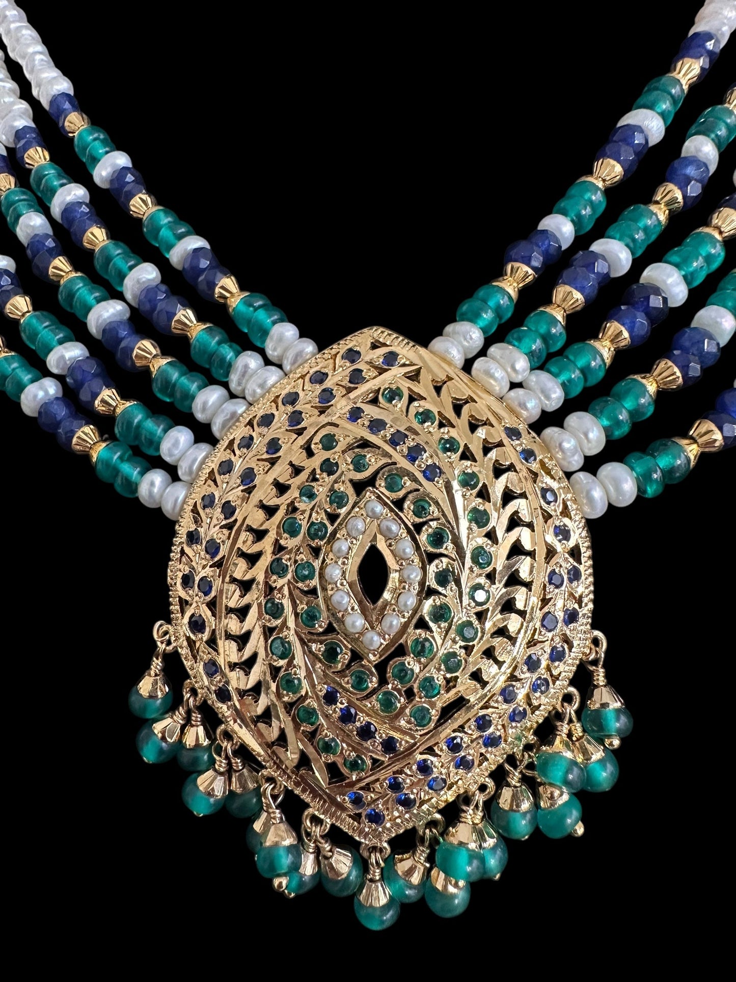 Emerlad sapphire pearl jadau silver necklace set with gold plating ( READY TO SHIP )