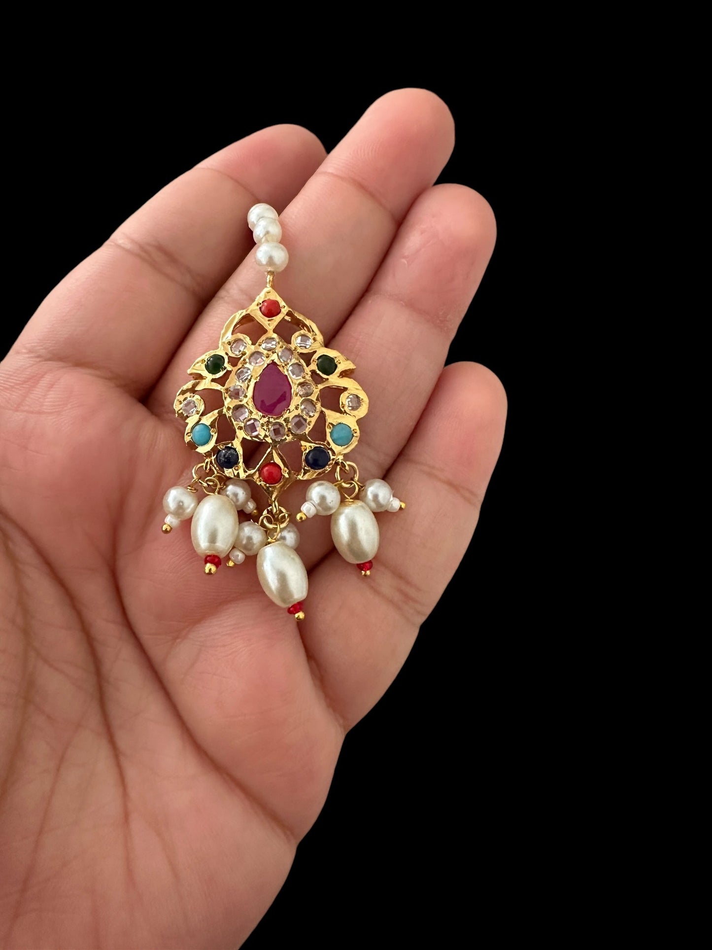 DJTK326 Nishat Gold plated small sized tika- multicolor (SHIPS IN 3 WEEKS)