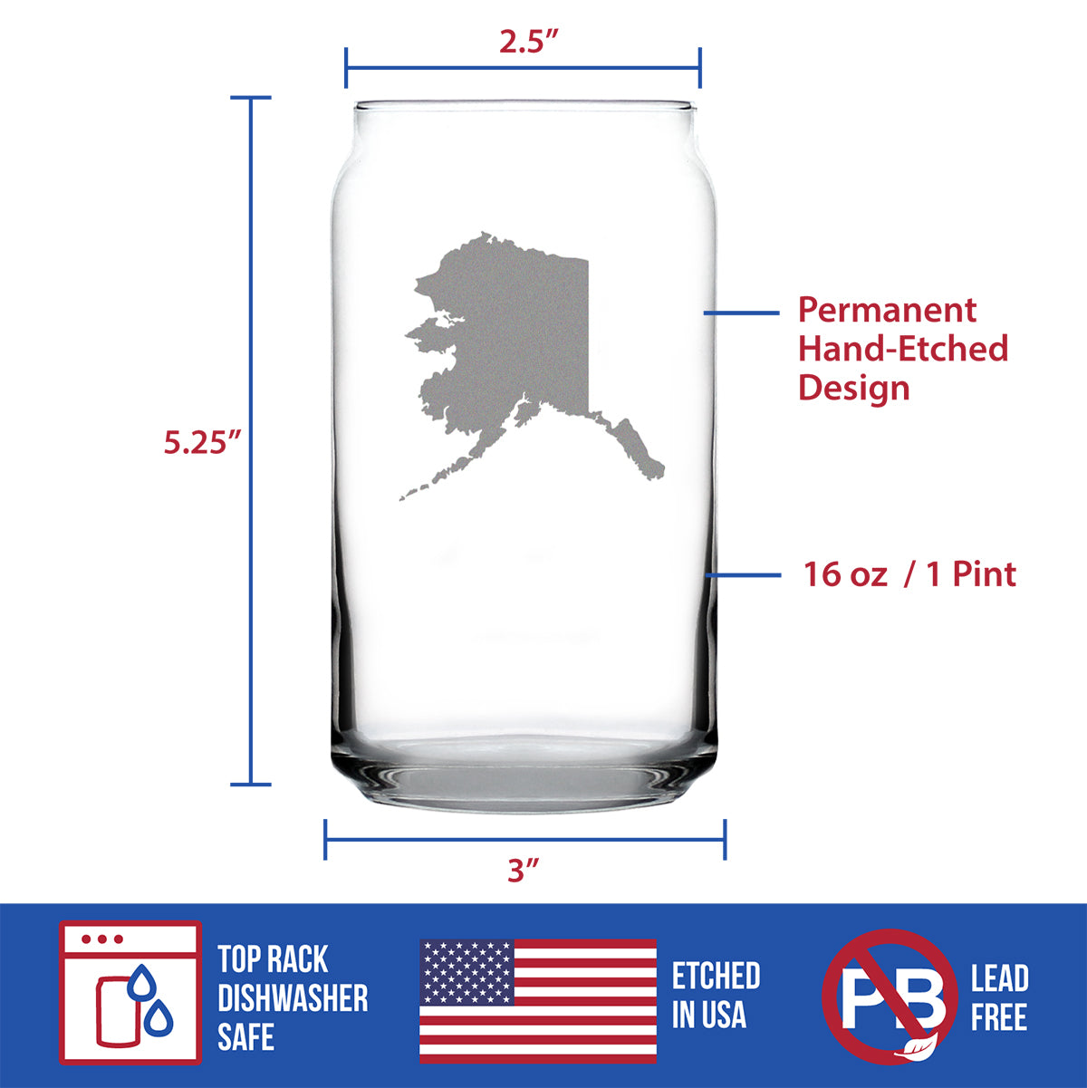 Alaska State Outline Beer Can Pint Glass - State Themed Drinking Decor and Gifts for Alaskan Women & Men - 16 Oz Glasses