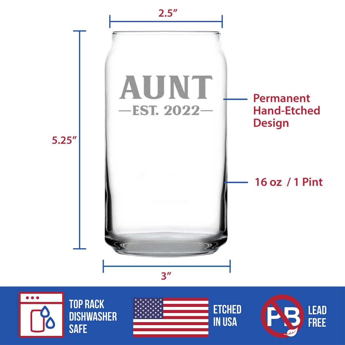 Aunt Est 2022 - New Aunties Beer Can Pint Glass Gift for First Time Aunts - Bold 16 Oz Glasses